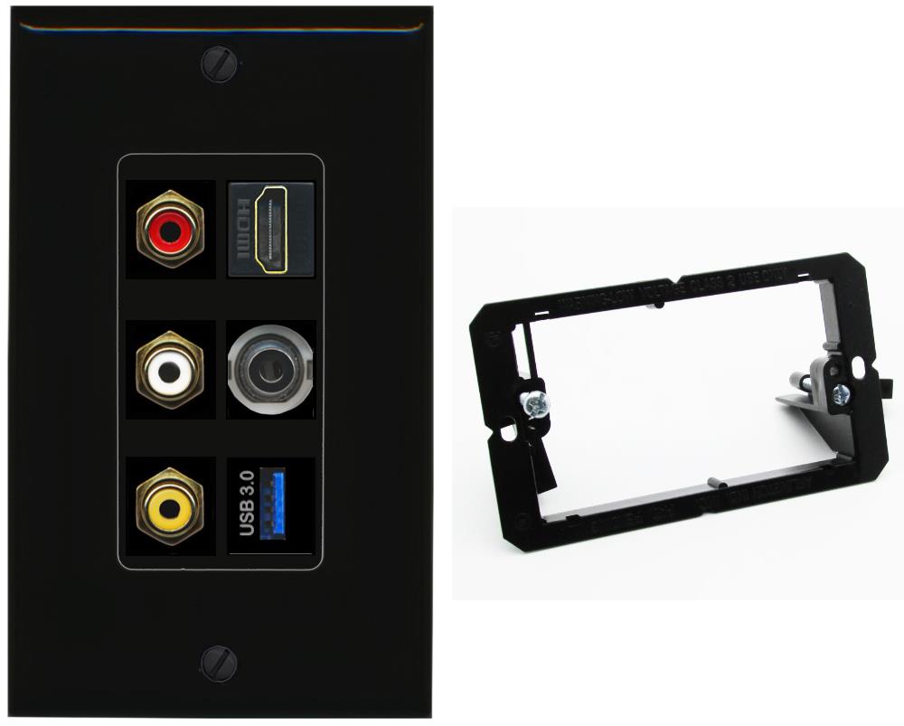 RiteAV 3xRCA Composite HDMI 3.5mm USB 3.0 Wall Plate - Bracket [Black/Black]