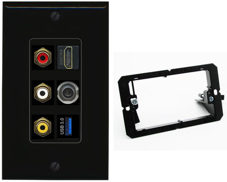 RiteAV 3xRCA Composite HDMI 3.5mm USB 3.0 Wall Plate - Bracket [Black/Black]
