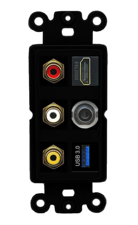 RiteAV 3xRCA Composite HDMI 3.5mm USB 3.0 Wall Plate - Rocker [Black/Black]