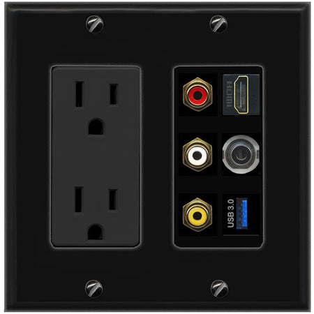 RiteAV 3xRCA Composite HDMI 3.5mm USB 3.0 Wall Plate - Outlet [Black/Black]