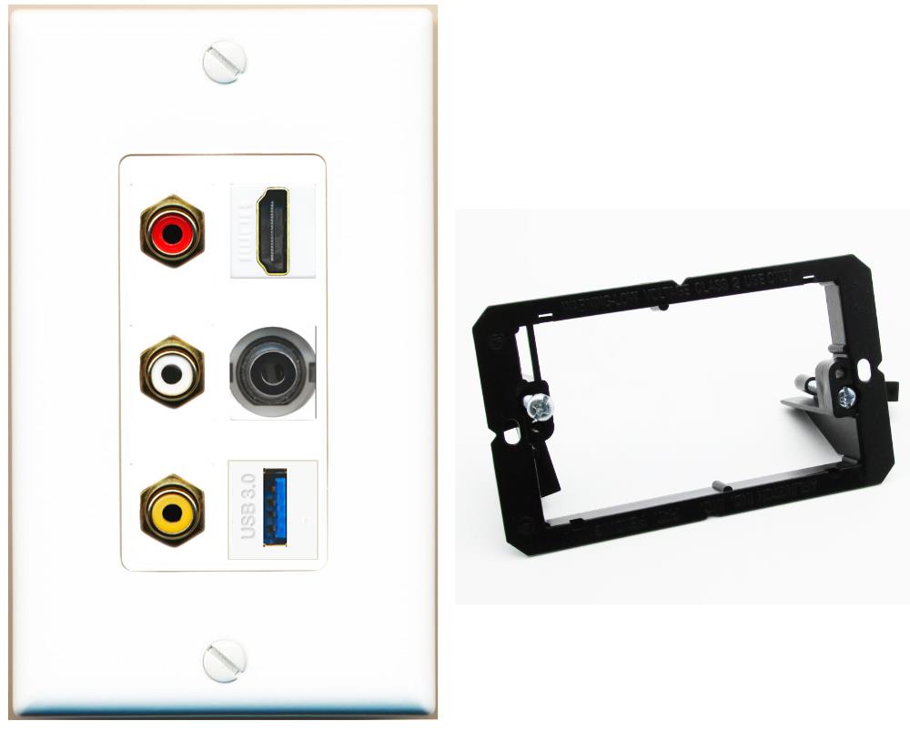 RiteAV 3xRCA Composite HDMI 3.5mm USB 3.0 Wall Plate - Bracket [White]