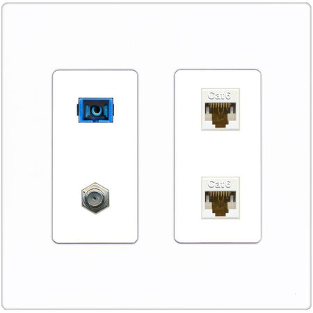 RiteAV 1 Port SC Singlemode Coax and 2 Cat6 Wall Plate - 2 Gang [Screwless White]