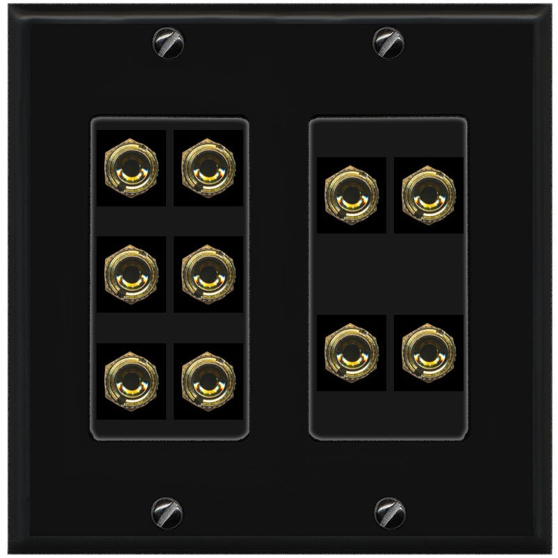 RiteAV 5.0 Surround Sound 5 Speaker 10 Banana Plug Jack Wall Plate Female Connectors - 2 Gang [Black/Black]