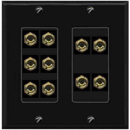 RiteAV 5.0 Surround Sound 5 Speaker 10 Banana Plug Jack Wall Plate Female Connectors - 2 Gang [Black/Black]