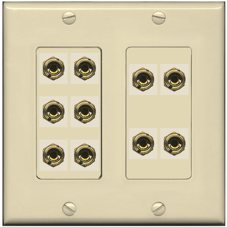 RiteAV 5.0 Surround Sound 5 Speaker 10 Banana Plug Jack Wall Plate Female Connectors - 2 Gang [Ivory/Ivory]