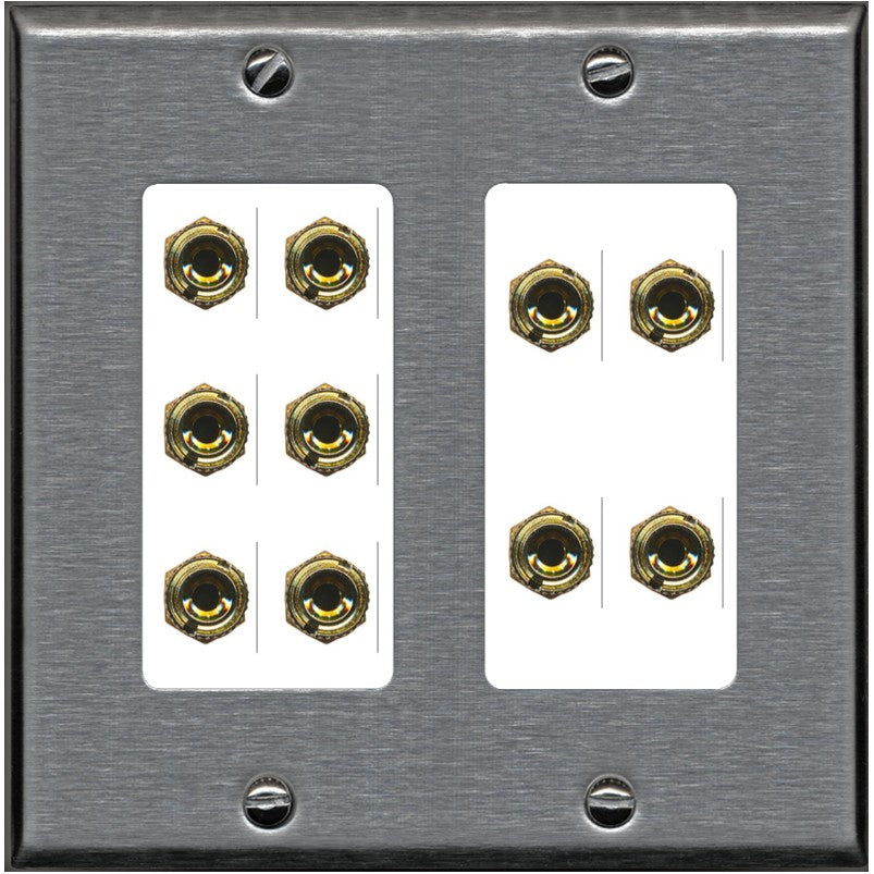 RiteAV 5.0 Surround Sound 5 Speaker 10 Banana Plug Jack Wall Plate Female Connectors - 2 Gang [Stainless/White]