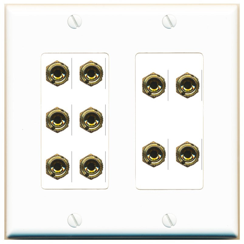 RiteAV 5.0 Surround Sound 5 Speaker 10 Banana Plug Jack Wall Plate Female Connectors - 2 Gang [White]