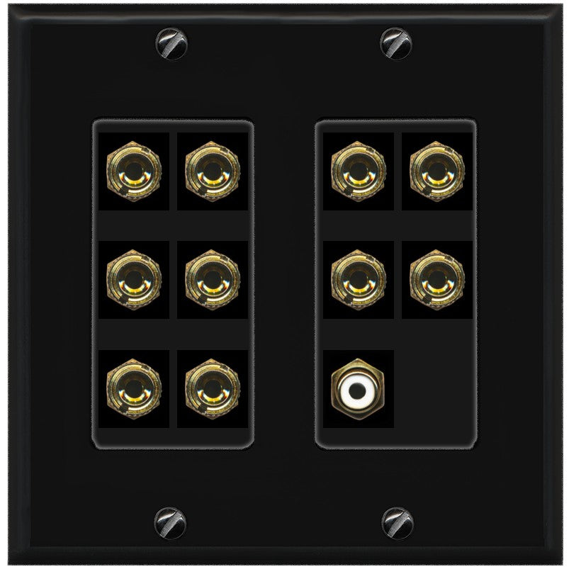 RiteAV 5.1 Surround Sound 5 Speaker 10 Banana Plug Jack Wall Plate w/RCA Subwoofer Female Connector - 2 Gang [Black/Black]