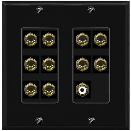 RiteAV 5.1 Surround Sound 5 Speaker 10 Banana Plug Jack Wall Plate w/RCA Subwoofer Female Connector - 2 Gang [Black/Black]
