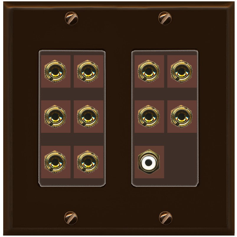 RiteAV 5.1 Surround Sound 5 Speaker 10 Banana Plug Jack Wall Plate w/RCA Subwoofer Female Connector - 2 Gang [Brown/Brown]