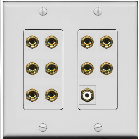 RiteAV 5.1 Surround Sound 5 Speaker 10 Banana Plug Jack Wall Plate w/RCA Subwoofer Female Connector - 2 Gang [Gray/Gray]