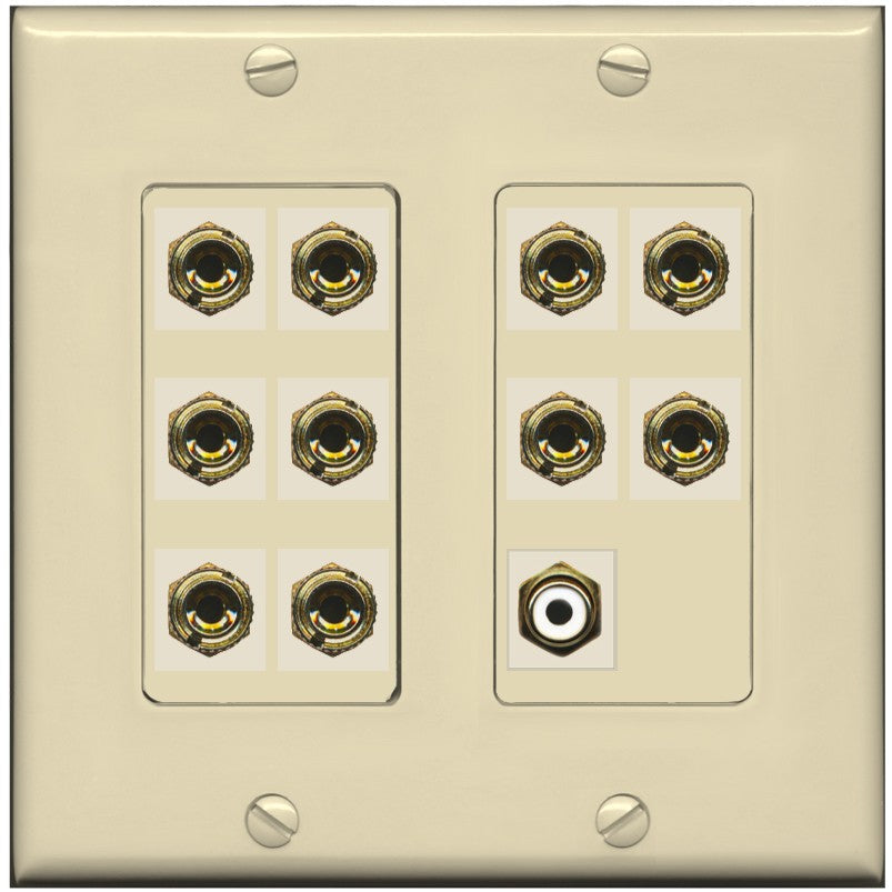 RiteAV 5.1 Surround Sound 5 Speaker 10 Banana Plug Jack Wall Plate w/RCA Subwoofer Female Connector - 2 Gang [Ivory/Ivory]