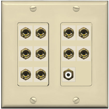 RiteAV 5.1 Surround Sound 5 Speaker 10 Banana Plug Jack Wall Plate w/RCA Subwoofer Female Connector - 2 Gang [Ivory/Ivory]