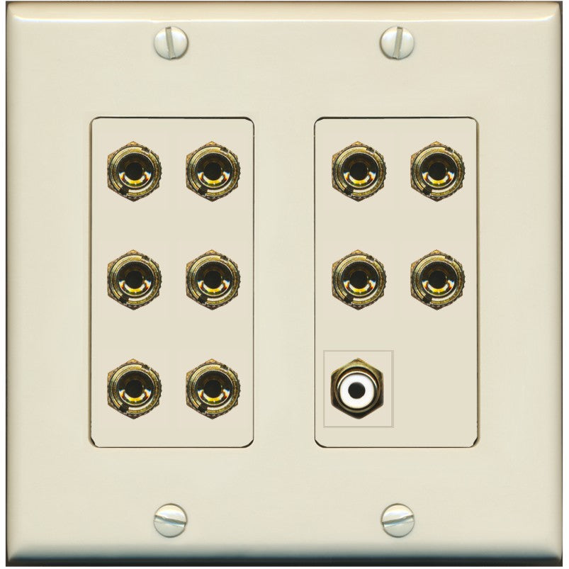 RiteAV 5.1 Surround Sound 5 Speaker 10 Banana Plug Jack Wall Plate w/RCA Subwoofer Female Connector - 2 Gang [Light-Almond]