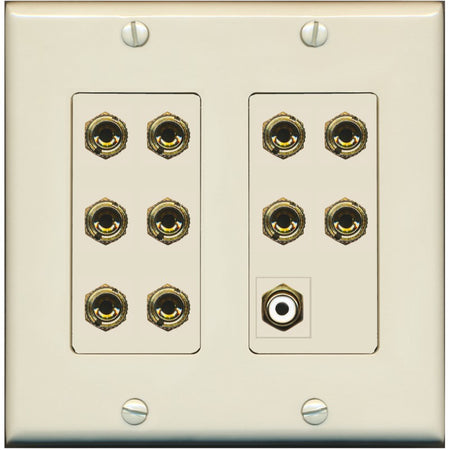 RiteAV 5.1 Surround Sound 5 Speaker 10 Banana Plug Jack Wall Plate w/RCA Subwoofer Female Connector - 2 Gang [Light-Almond]