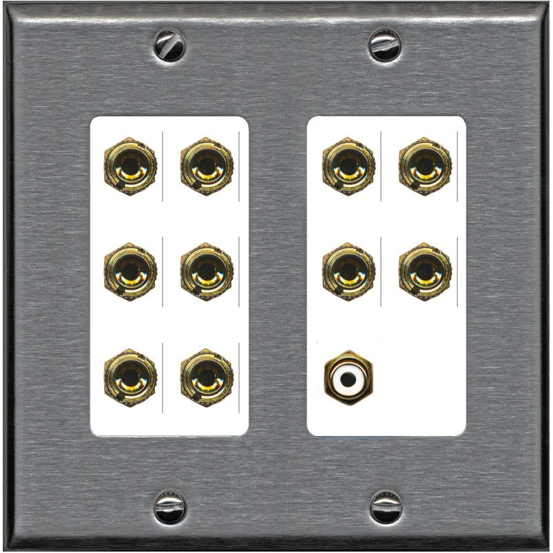 RiteAV 5.1 Surround Sound 5 Speaker 10 Banana Plug Jack Wall Plate w/RCA Subwoofer Female Connector - 2 Gang [Stainless/White]