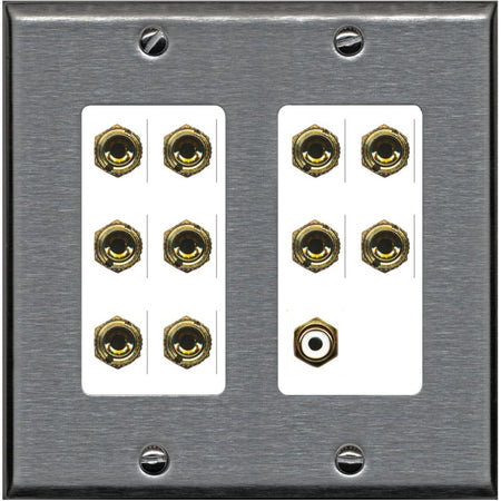 RiteAV 5.1 Surround Sound 5 Speaker 10 Banana Plug Jack Wall Plate w/RCA Subwoofer Female Connector - 2 Gang [Stainless/White]