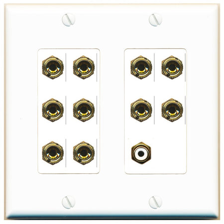 RiteAV 5.1 Surround Sound 5 Speaker 10 Banana Plug Jack Wall Plate w/RCA Subwoofer Female Connector - 2 Gang [White]