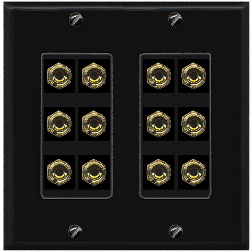 RiteAV 6.0 Surround Sound 6 Speaker 12 Banana Plug Jack Wall Plate Female Connectors - 2 Gang [Black/Black]