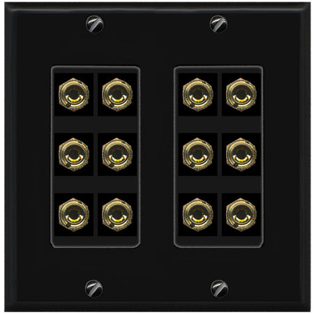 RiteAV 6.0 Surround Sound 6 Speaker 12 Banana Plug Jack Wall Plate Female Connectors - 2 Gang [Black/Black]