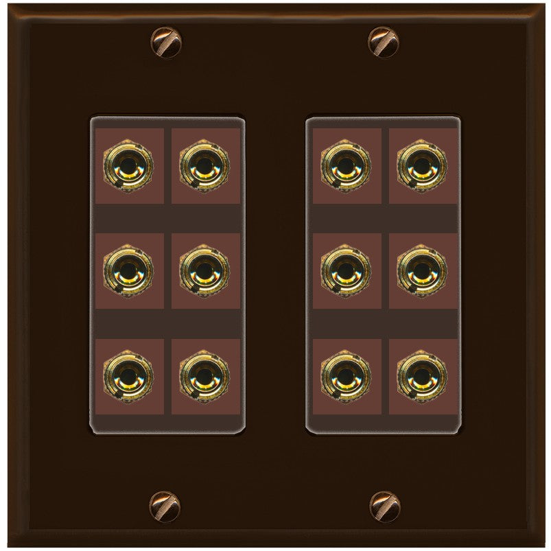 RiteAV 6.0 Surround Sound 6 Speaker 12 Banana Plug Jack Wall Plate Female Connectors - 2 Gang [Brown/Brown]