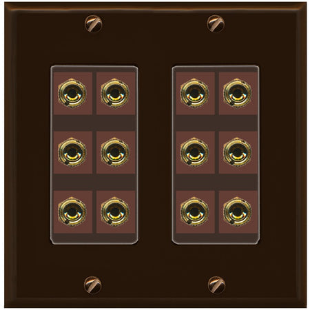 RiteAV 6.0 Surround Sound 6 Speaker 12 Banana Plug Jack Wall Plate Female Connectors - 2 Gang [Brown/Brown]