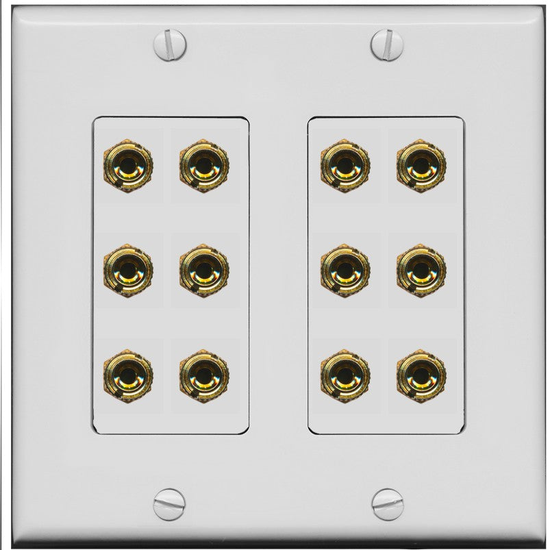 RiteAV 6.0 Surround Sound 6 Speaker 12 Banana Plug Jack Wall Plate Female Connectors - 2 Gang [Gray/Gray]