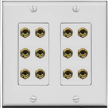 RiteAV 6.0 Surround Sound 6 Speaker 12 Banana Plug Jack Wall Plate Female Connectors - 2 Gang [Gray/Gray]