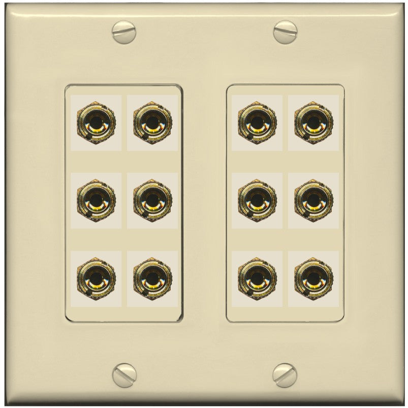 RiteAV 6.0 Surround Sound 6 Speaker 12 Banana Plug Jack Wall Plate Female Connectors - 2 Gang [Ivory/Ivory]