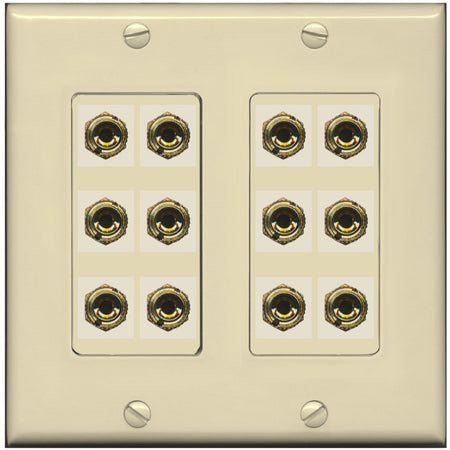 RiteAV 6.0 Surround Sound 6 Speaker 12 Banana Plug Jack Wall Plate Female Connectors - 2 Gang [Ivory/Ivory]