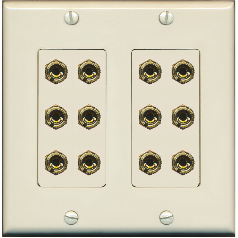 RiteAV 6.0 Surround Sound 6 Speaker 12 Banana Plug Jack Wall Plate Female Connectors - 2 Gang [Light-Almond]