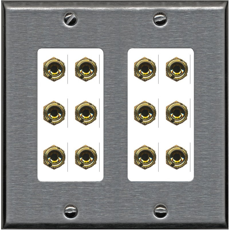 RiteAV 6.0 Surround Sound 6 Speaker 12 Banana Plug Jack Wall Plate Female Connectors - 2 Gang [Stainless/White]