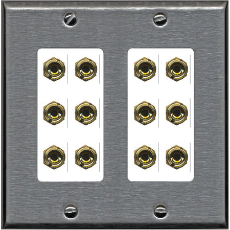 RiteAV 6.0 Surround Sound 6 Speaker 12 Banana Plug Jack Wall Plate Female Connectors - 2 Gang [Stainless/White]