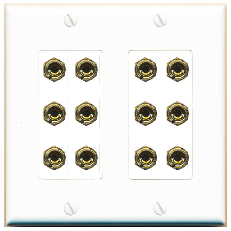 RiteAV 6.0 Surround Sound 6 Speaker 12 Banana Plug Jack Wall Plate Female Connectors - 2 Gang [White]