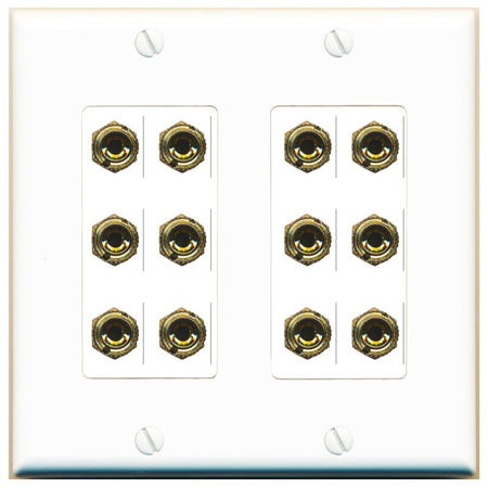 RiteAV 6.0 Surround Sound 6 Speaker 12 Banana Plug Jack Wall Plate Female Connectors - 2 Gang [White]