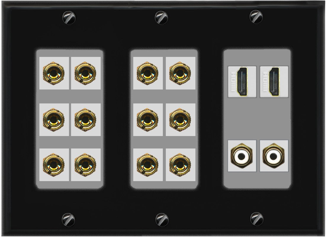 RiteAV 6.2 Surround Sound 6 Speaker 12 Banana Plug Jack Wall Plate w/ 2 RCA Subwoofer + 2 HDMI Female Connectors - 3 Gang [Black/Gray]