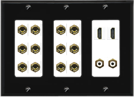 RiteAV 6.2 Surround Sound 6 Speaker 12 Banana Plug Jack Wall Plate w/ 2 RCA Subwoofer + 2 HDMI Female Connectors - 3 Gang [Black/White]