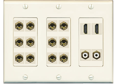 RiteAV 6.2 Surround Sound 6 Speaker 12 Banana Plug Jack Wall Plate w/ 2 RCA Subwoofer + 2 HDMI Female Connectors - 3 Gang [Light Almond]