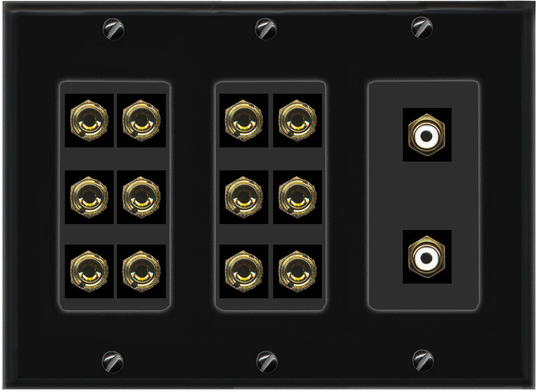 RiteAV 6.2 Surround Sound 6 Speaker 12 Banana Plug Jack Wall Plate w/2 RCA Subwoofer Female Connector - 3 Gang [Black]