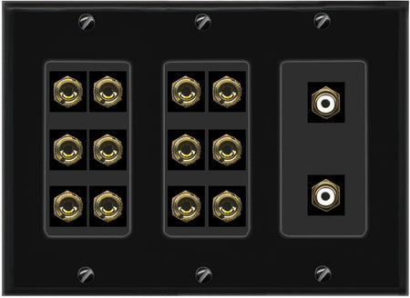 RiteAV 6.2 Surround Sound 6 Speaker 12 Banana Plug Jack Wall Plate w/2 RCA Subwoofer Female Connector - 3 Gang [Black]