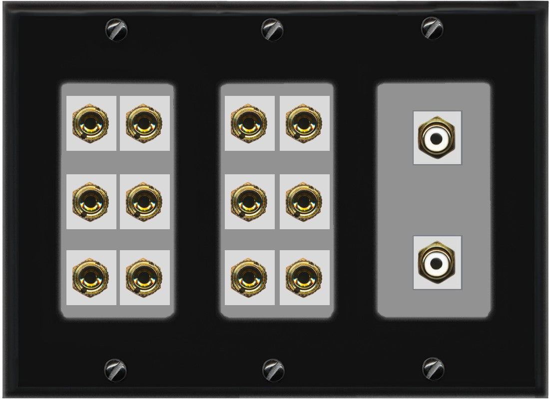 RiteAV 6.2 Surround Sound 6 Speaker 12 Banana Plug Jack Wall Plate w/2 RCA Subwoofer Female Connector - 3 Gang [Black/Gray]