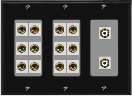 RiteAV 6.2 Surround Sound 6 Speaker 12 Banana Plug Jack Wall Plate w/2 RCA Subwoofer Female Connector - 3 Gang [Black/Gray]
