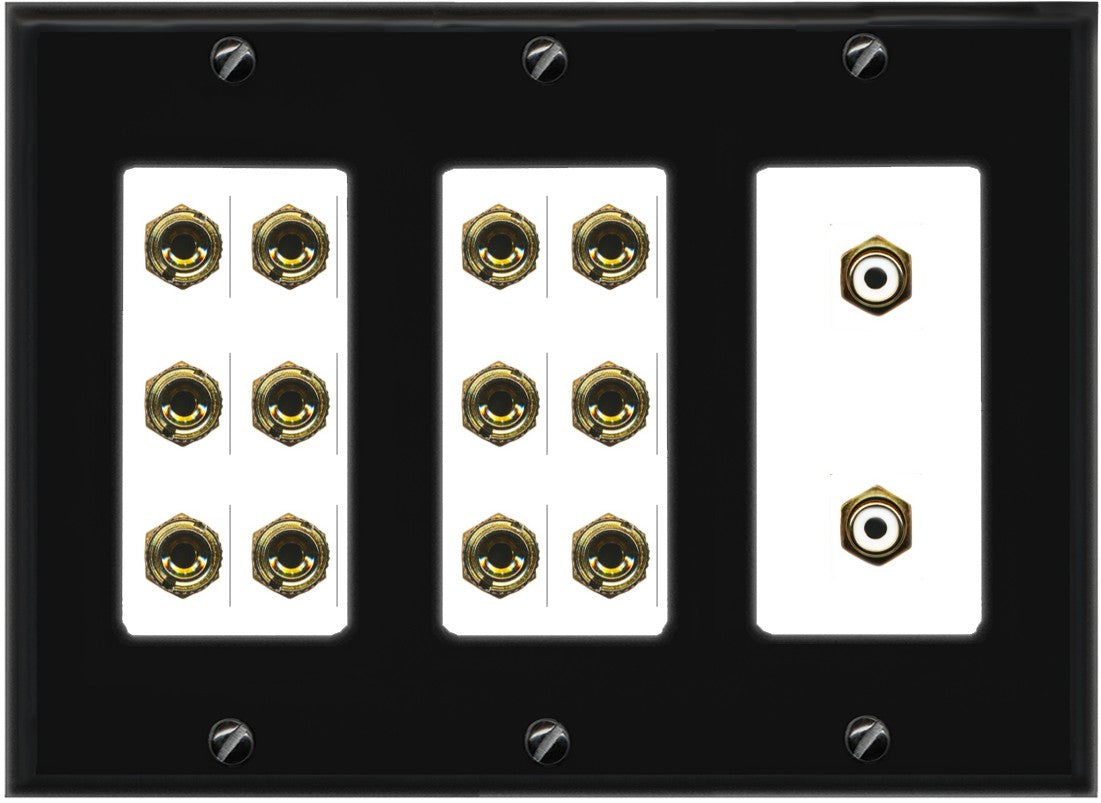 RiteAV 6.2 Surround Sound 6 Speaker 12 Banana Plug Jack Wall Plate w/2 RCA Subwoofer Female Connector - 3 Gang [Black/White]