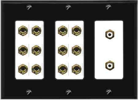 RiteAV 6.2 Surround Sound 6 Speaker 12 Banana Plug Jack Wall Plate w/2 RCA Subwoofer Female Connector - 3 Gang [Black/White]