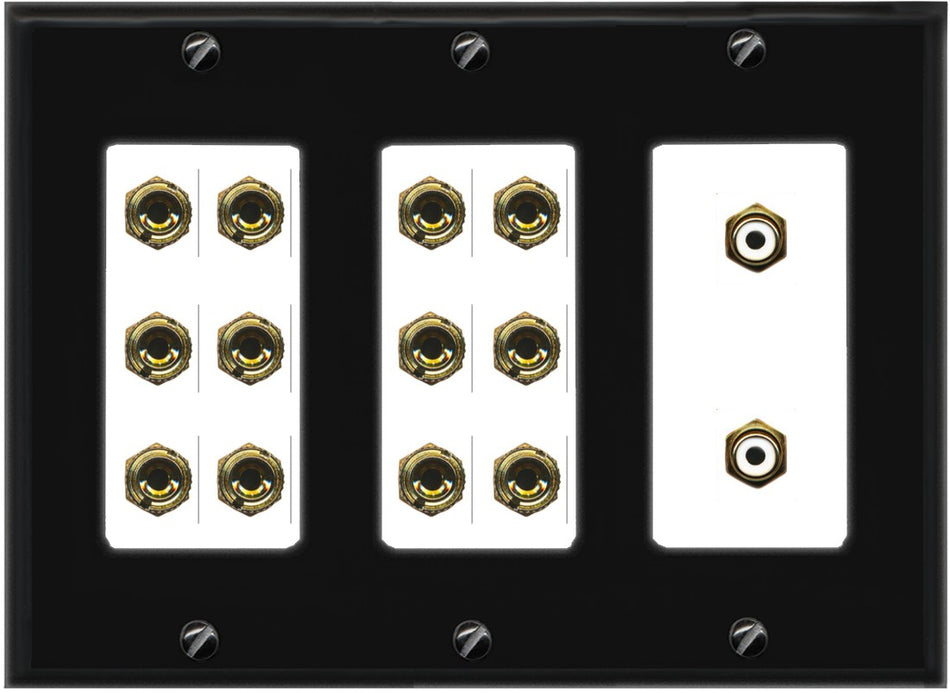 RiteAV 6.2 Surround Sound 6 Speaker 12 Banana Plug Jack Wall Plate w/2 RCA Subwoofer Female Connector - 3 Gang [Black/White]