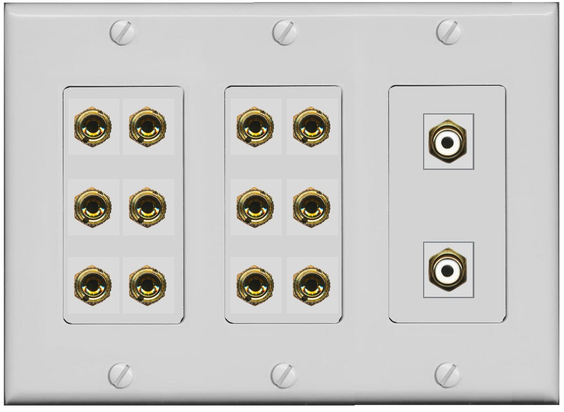 RiteAV 6.2 Surround Sound 6 Speaker 12 Banana Plug Jack Wall Plate w/2 RCA Subwoofer Female Connector - 3 Gang [Gray]