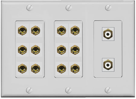 RiteAV 6.2 Surround Sound 6 Speaker 12 Banana Plug Jack Wall Plate w/2 RCA Subwoofer Female Connector - 3 Gang [Gray]