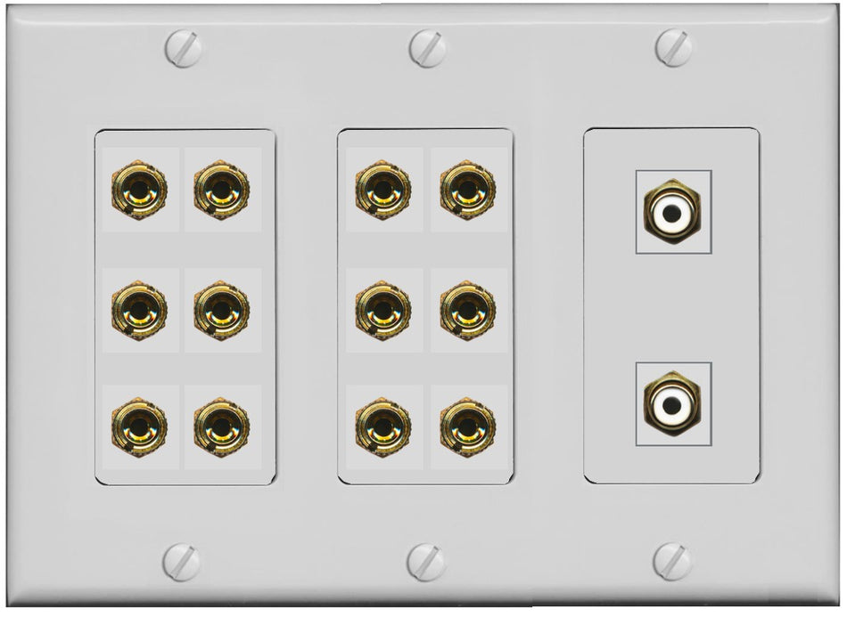 RiteAV 6.2 Surround Sound 6 Speaker 12 Banana Plug Jack Wall Plate w/2 RCA Subwoofer Female Connector - 3 Gang [Gray]