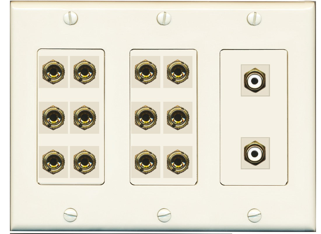 RiteAV 6.2 Surround Sound 6 Speaker 12 Banana Plug Jack Wall Plate w/2 RCA Subwoofer Female Connector - 3 Gang [Light Almond]
