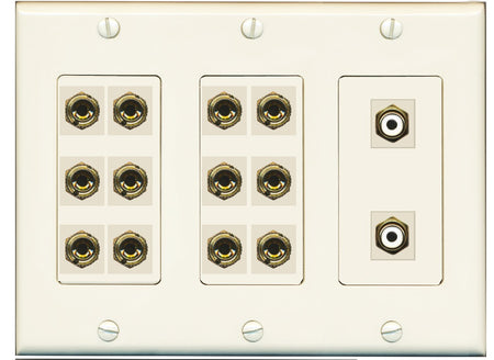 RiteAV 6.2 Surround Sound 6 Speaker 12 Banana Plug Jack Wall Plate w/2 RCA Subwoofer Female Connector - 3 Gang [Light Almond]